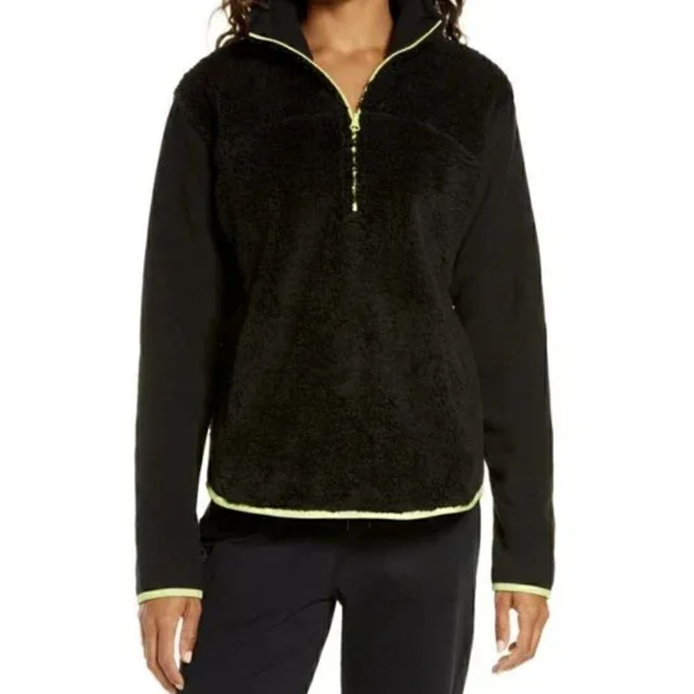 ZELLA Black Lime Fuzzy Glacier Furry Fleece Quarter Zip Pullover Teddy Sweater